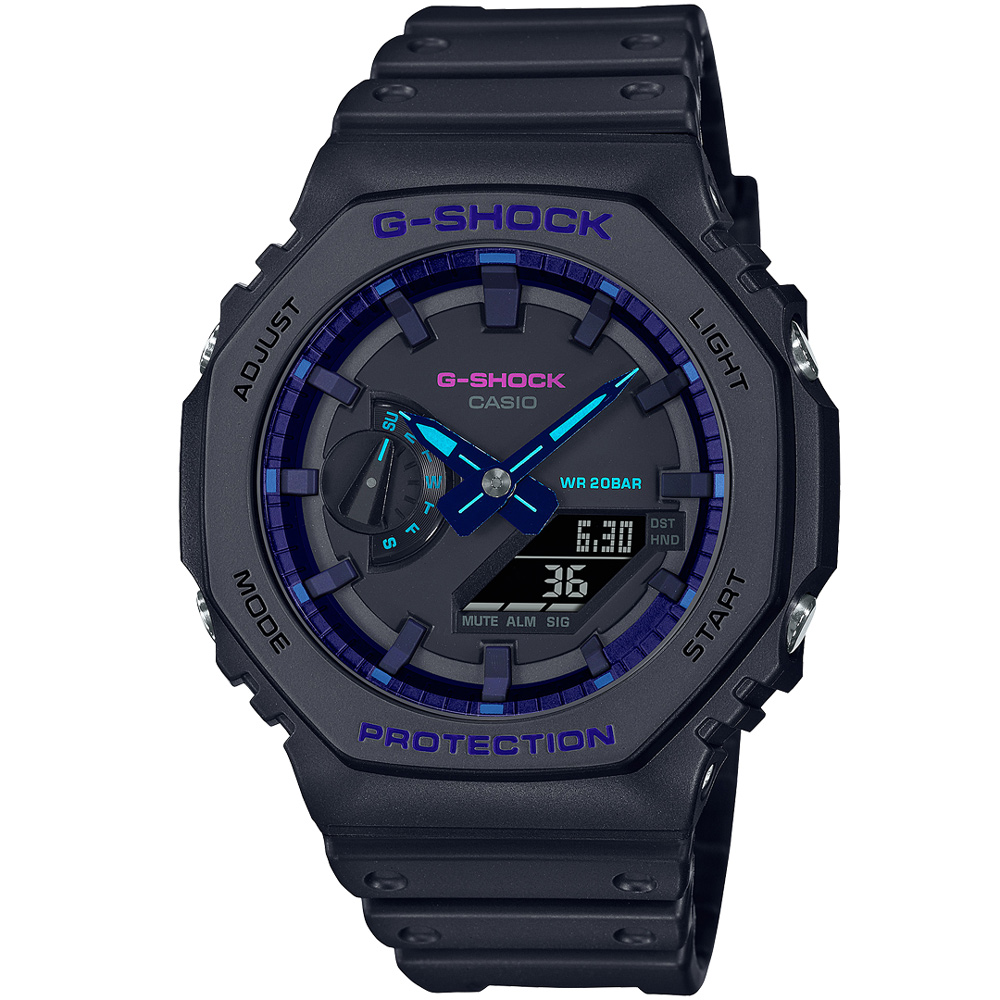 【CASIO 卡西歐】G-SHOCK 八角錶殼耐衝擊運動雙顯橡膠腕錶/黑x藍指針(GA-2100VB-1A)
