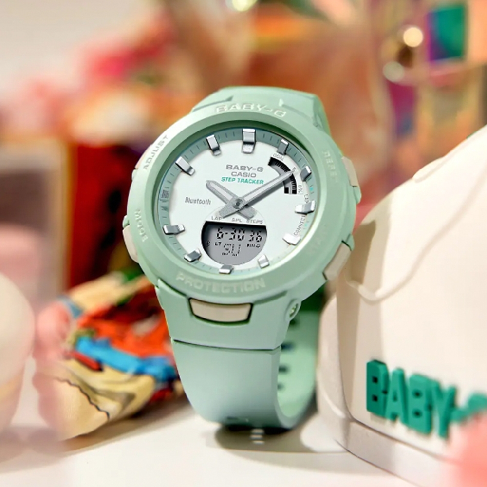 【CASIO 卡西歐】Baby-G 藍牙計步雙顯運動手錶-酪梨綠 BSA-B100CS-3A