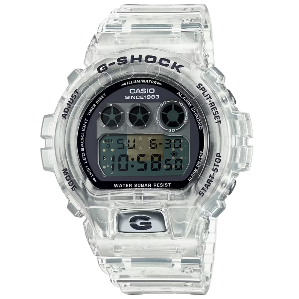 【CASIO 卡西歐】G-SHOCK 40週年限定 獨特透視錶面 半透明 經典三眼 數位系列 DW-6940RX-7_50mm