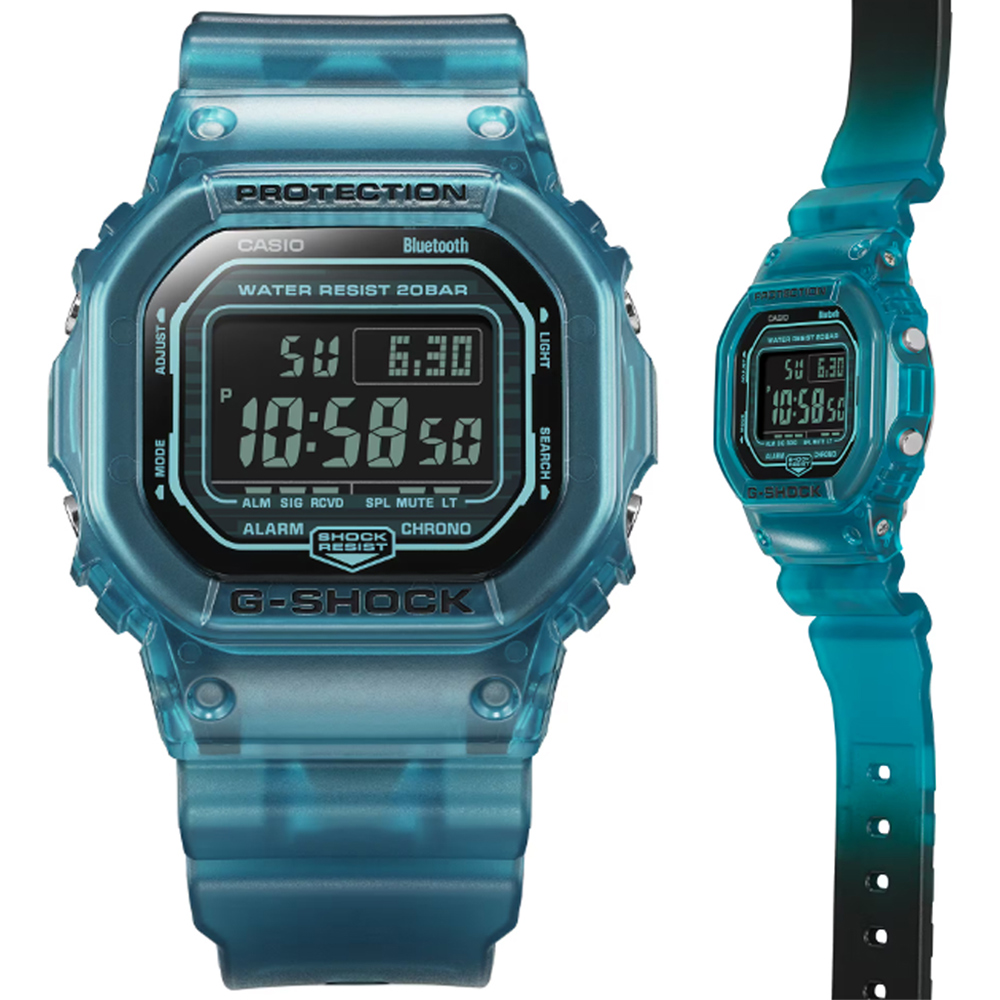 CASIO 卡西歐 G-SHOCK 智慧藍芽 半透明漸層配色方形電子錶-藍(DW-B5600G-2)