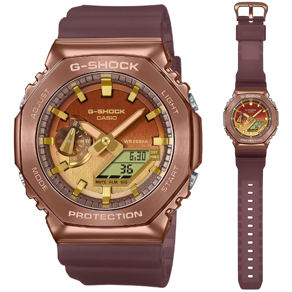 CASIO 卡西歐 G-SHOCK 沙漠越野 金屬錶殼霧面半透明八角形雙顯錶-玫瑰金(GM-2100CL-5A)
