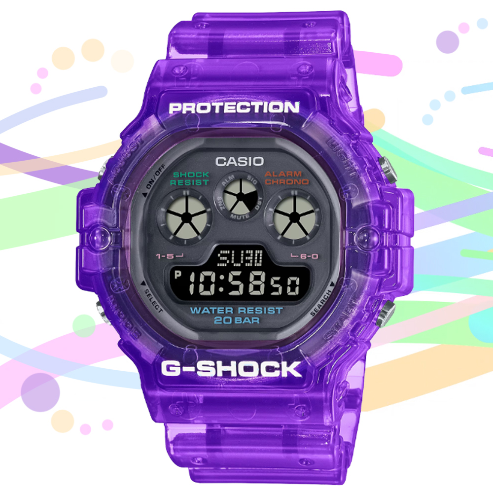 CASIO 卡西歐 G-SHOCK 復古懷舊 半透明繽紛三眼數位電子錶-紫(DW-5900JT-6)