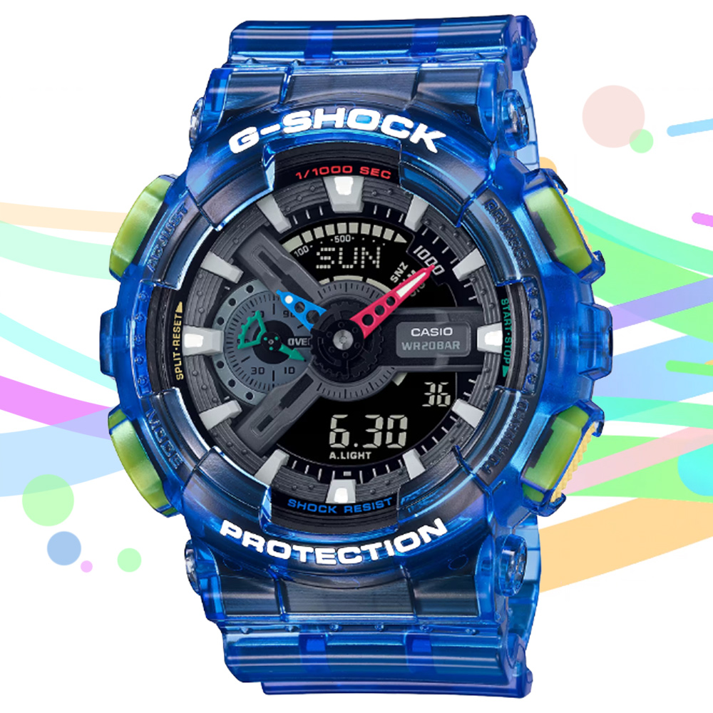 CASIO 卡西歐 G-SHOCK 復古懷舊 半透明繽紛大圓雙顯錶-藍 (GA-110JT-2A)