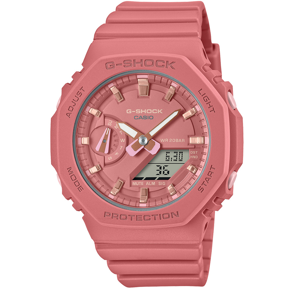 【CASIO 卡西歐】G-SHOCK 簡約纖薄八角錶殼運動雙顯橡膠腕錶/珊瑚粉x玫瑰金刻度(GMA-S2100-4A2)