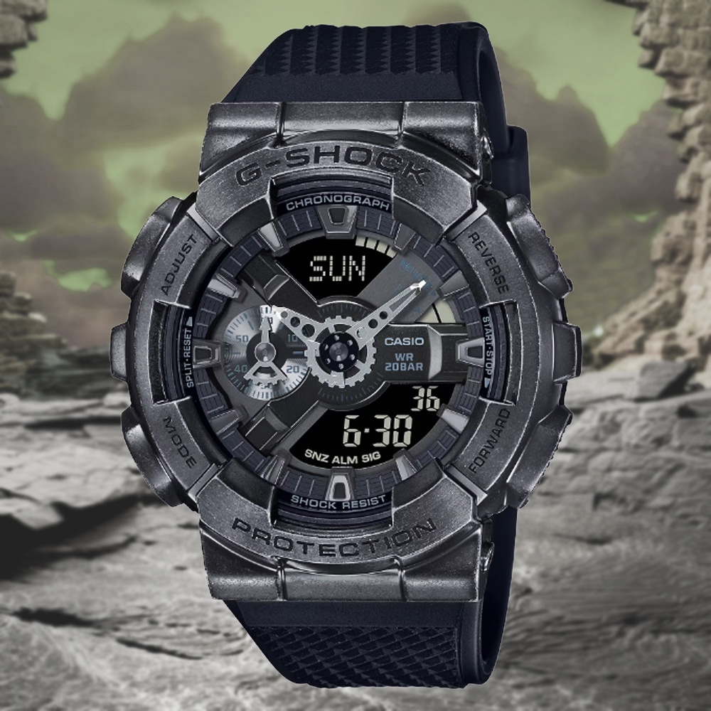 CASIO 卡西歐 G-SHOCK 復古科幻世界 仿舊銅色質感金屬框雙顯錶-黑色(GM-110VB-1A)