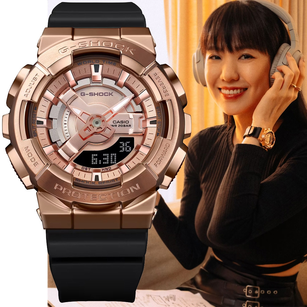 CASIO卡西歐 G-SHOCK WOMEN 圓形金屬殼3D錶盤雙顯錶-玫瑰金(GM-S110PG-1A)
