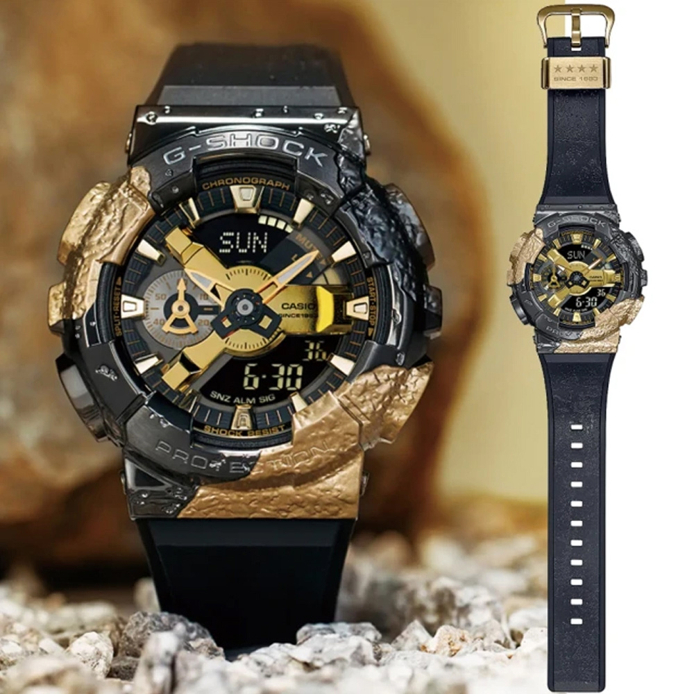 CASIO卡西歐 G-SHOCK 40周年 冒險者寶石系列 金屬殼圓形雙顯錶-方解石黑金(GM-114GEM-1A9)