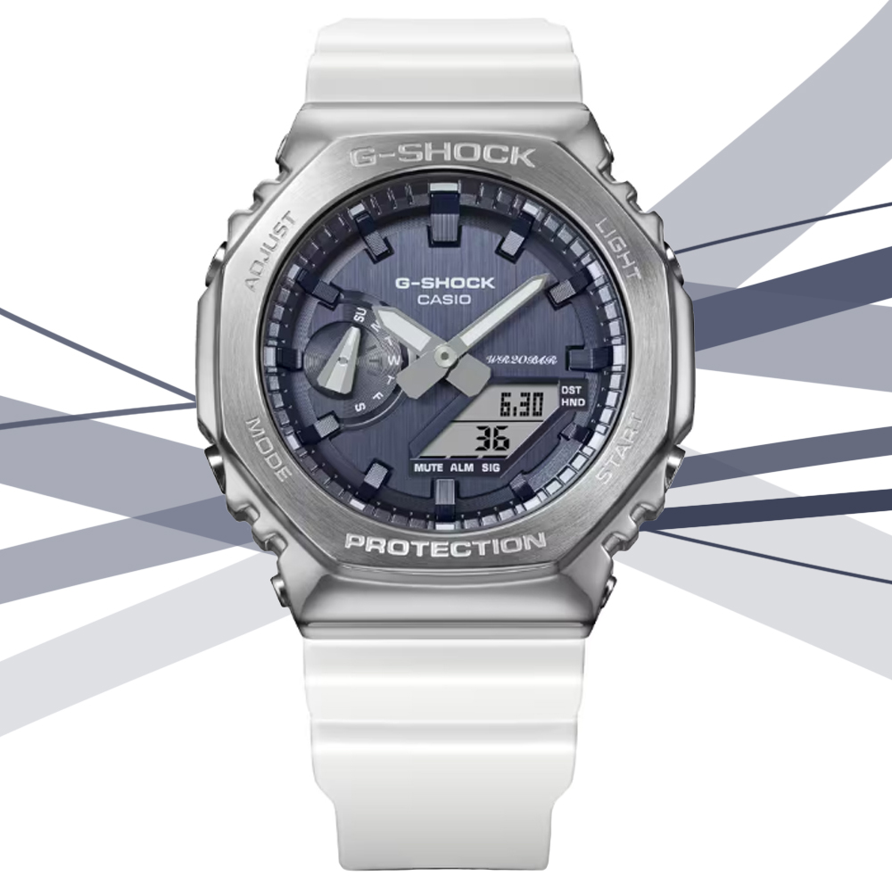 CASIO 卡西歐 G-SHOCK 閃耀冬季金屬色彩 金屬錶殼八角形雙顯錶-銀藍(GM-2100WS-7A)