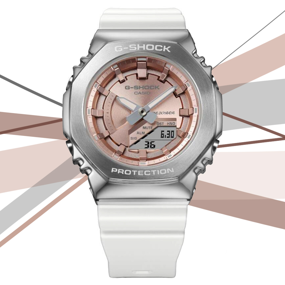 CASIO 卡西歐 G-SHOCK 閃耀冬季金屬色彩 金屬錶殼八角形雙顯錶-銀粉(GM-S2100WS-7A)