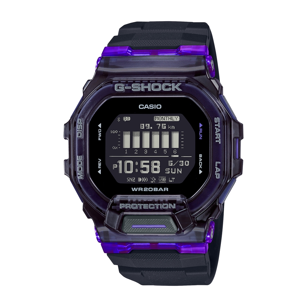 【CASIO 卡西歐】G-SHOCK 藍牙 半透明 黑x紫 經典方型 運動系列 GBD-200SM-1A6_45.9mm