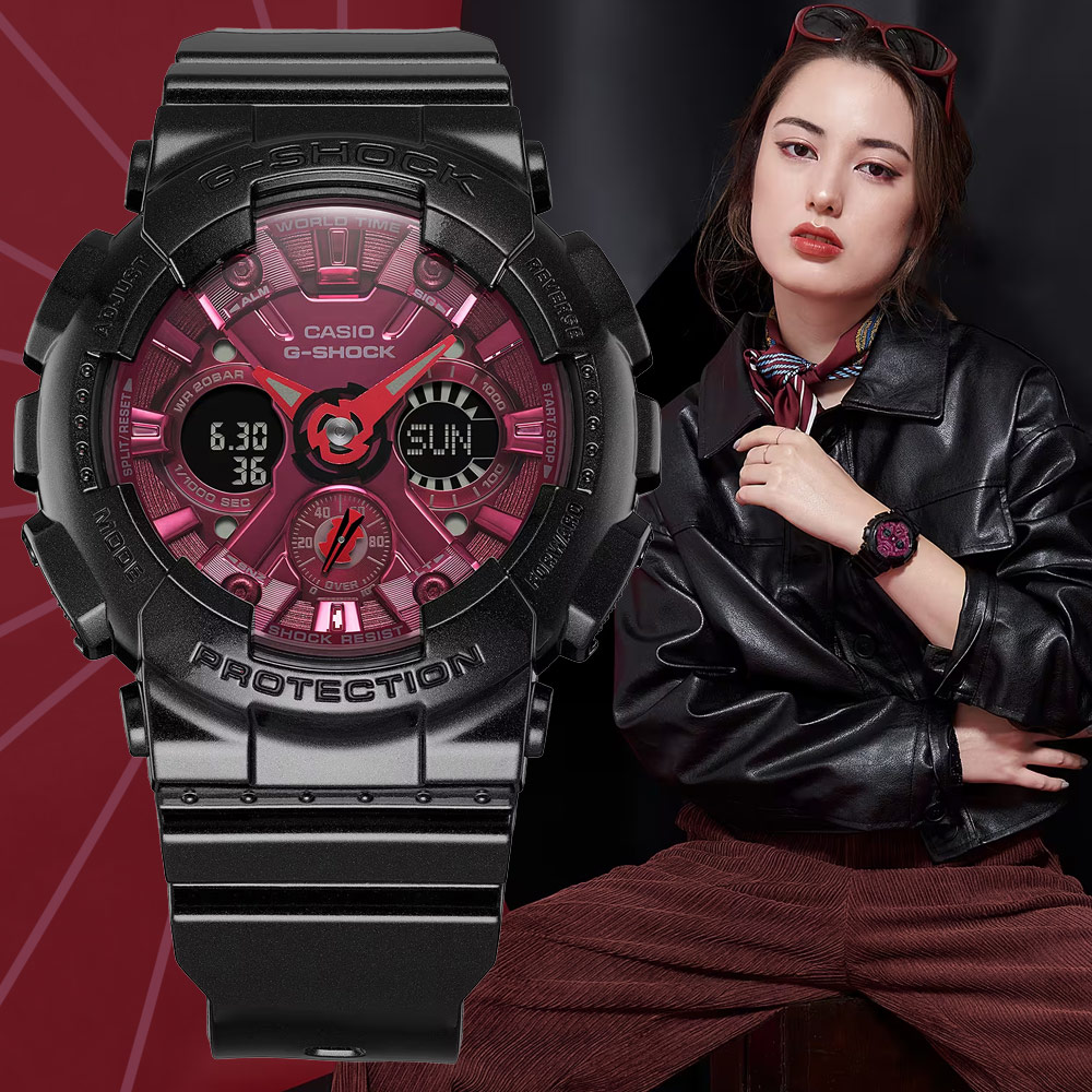 CASIO 卡西歐 G-SHOCK WOMEN 金屬光澤質感 黑紅圓形雙顯錶(GMA-S120RB-1A)