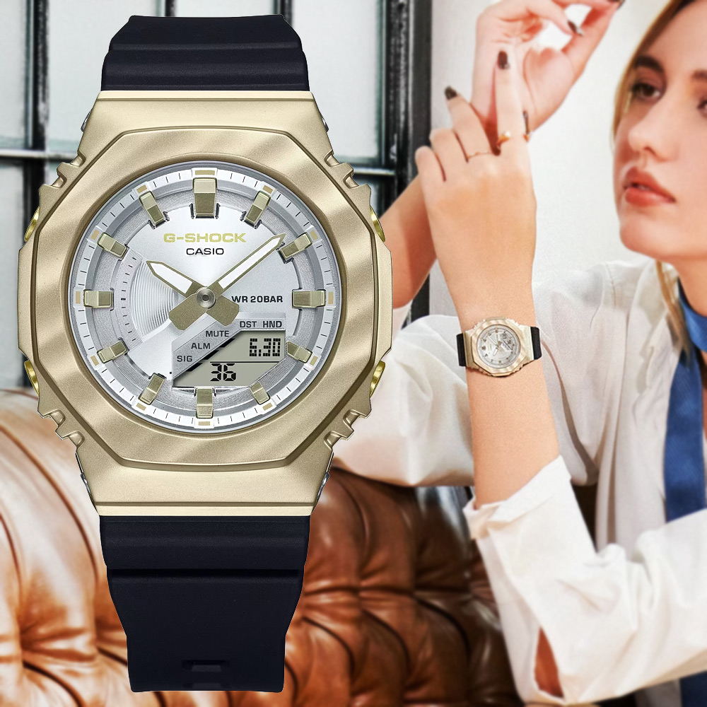 CASIO 卡西歐 G-SHOCK WOMEN 金屬錶殼 霧面金黃色澤 八角形雙顯錶(GM-S2100BC-1A)