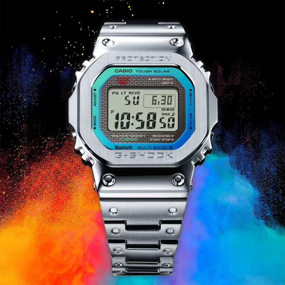 CASIO 卡西歐 G-SHOCK 全金屬 彩虹光譜 太陽能電波手錶-百搭銀 GMW-B5000PC-1