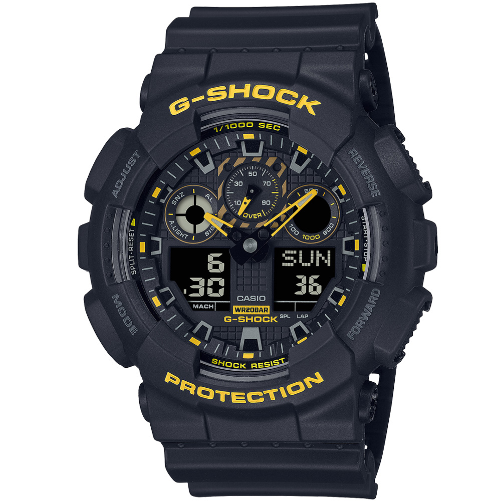 【CASIO 卡西歐】G-SHOCK 黃蜂之魂雙顯腕錶/黑x黃指針(GA-100CY-1A)