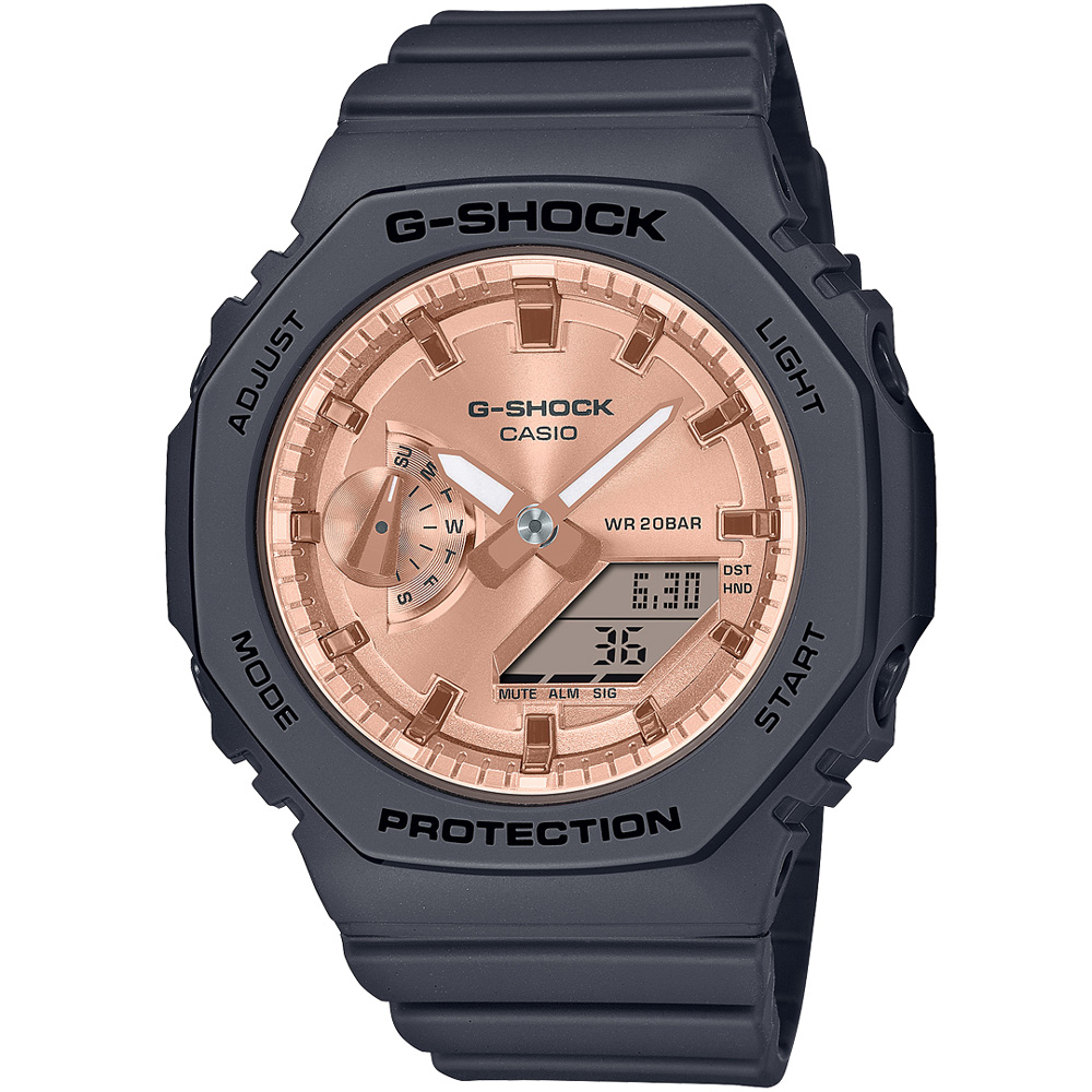 【CASIO 卡西歐】G-SHOCK 縮小尺寸女版 簡約閃亮八角錶殼運動雙顯腕錶/黑x玫瑰金面(GMA-S2100MD-1A)
