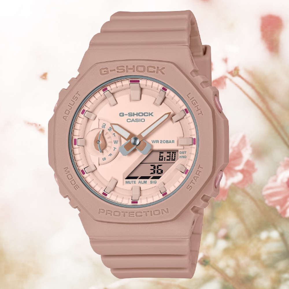 CASIO 卡西歐 G-SHOCK WOMEN 羅勒葉指針設計八角形雙顯錶-玫瑰粉(GMA-S2100NC-4A2)