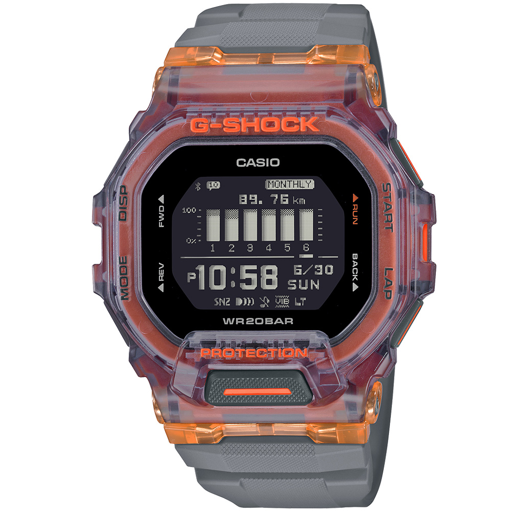 【CASIO 卡西歐】G-SHOCK 時尚潮流藍牙連線耐衝擊運動腕錶/灰x橘框(GBD-200SM-1A5)
