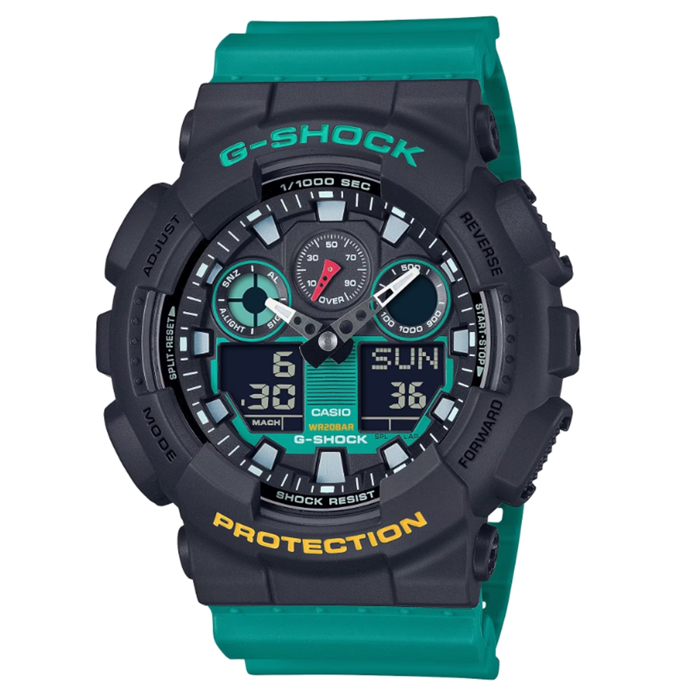 【CASIO 卡西歐】G-SHOCK 錄音帶繽紛標籤方形時尚潮流電子錶 黑綠 GA-100MT-1A3_51.2mm