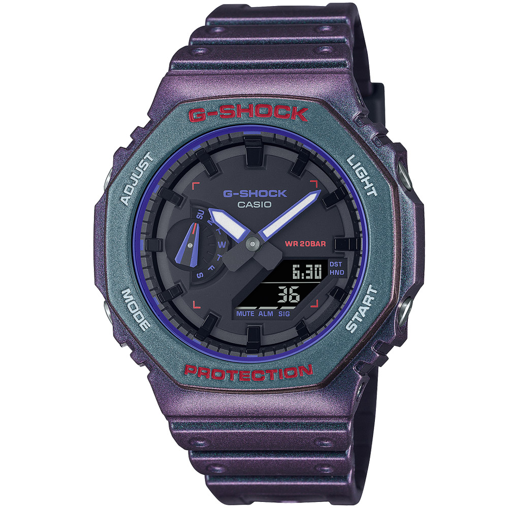 【CASIO 卡西歐】G-SHOCK 夢幻虛擬八角錶殼耐衝擊運動雙顯腕錶/紫黑(GA-2100AH-6A)