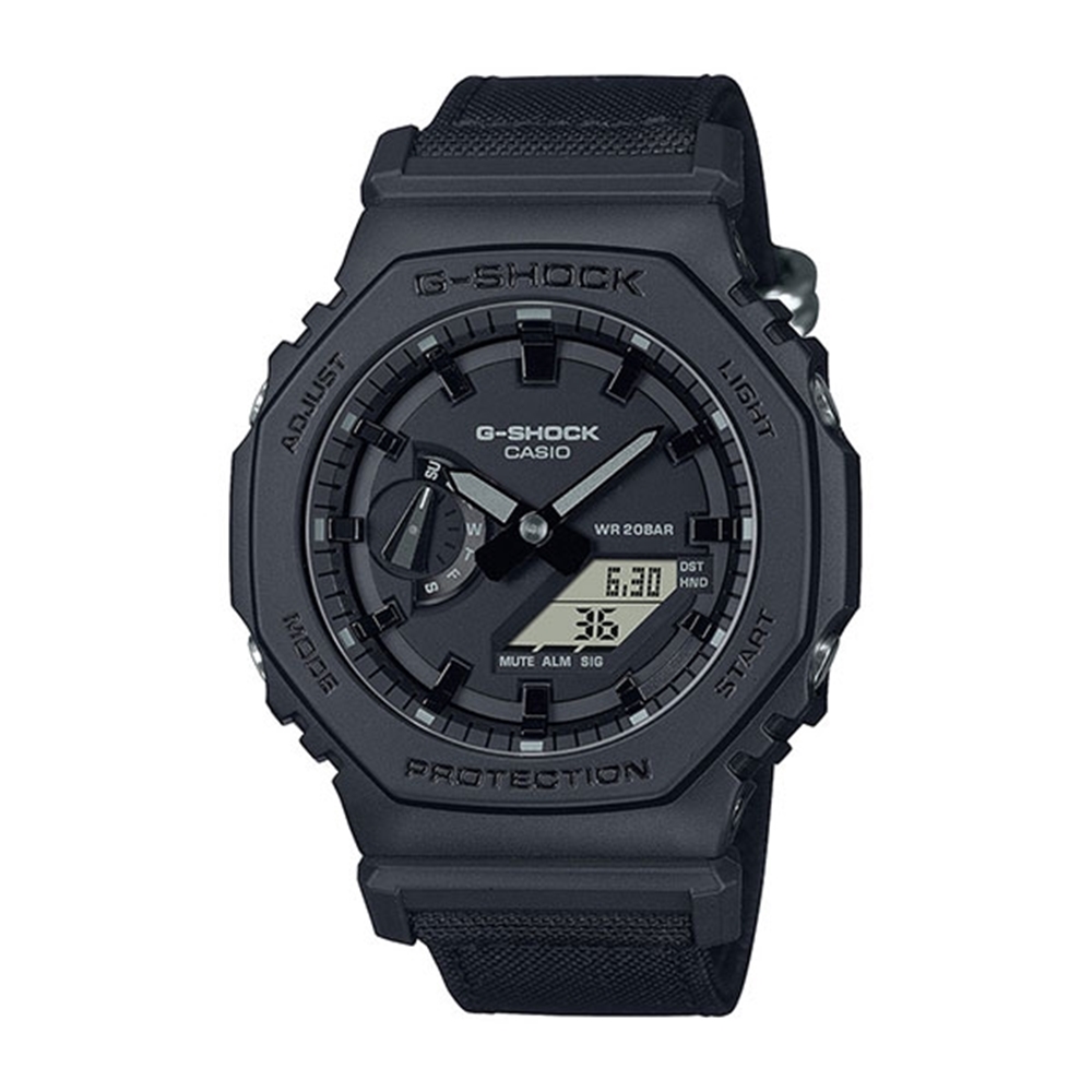 【CASIO 卡西歐】G-SHOCK 百搭酷黑 街頭潮流 Cordura尼龍錶帶 八角形錶殼 GA-2100BCE-1A 45.4mm