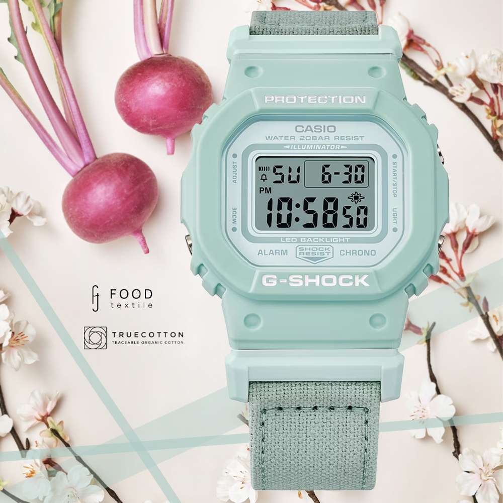 CASIO 卡西歐 G-SHOCK WOMEN 大自然樸實色彩 環保製成方形電子錶-柔綠 GMD-S5600CT-3