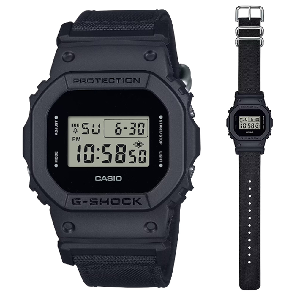 CASIO 卡西歐 G-SHOCK 實用街頭風格 時尚全黑尼龍錶帶方形電子錶 DW-5600BCE-1