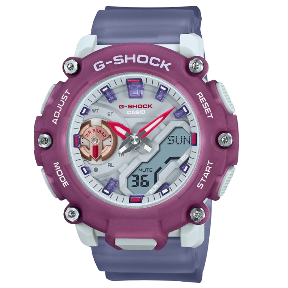 【CASIO 卡西歐】G-SHOCK 繽紛鮮明 戶外風格 半透明 時尚紫 雙顯系列 GMA-S2200PE-6A_45.7mm