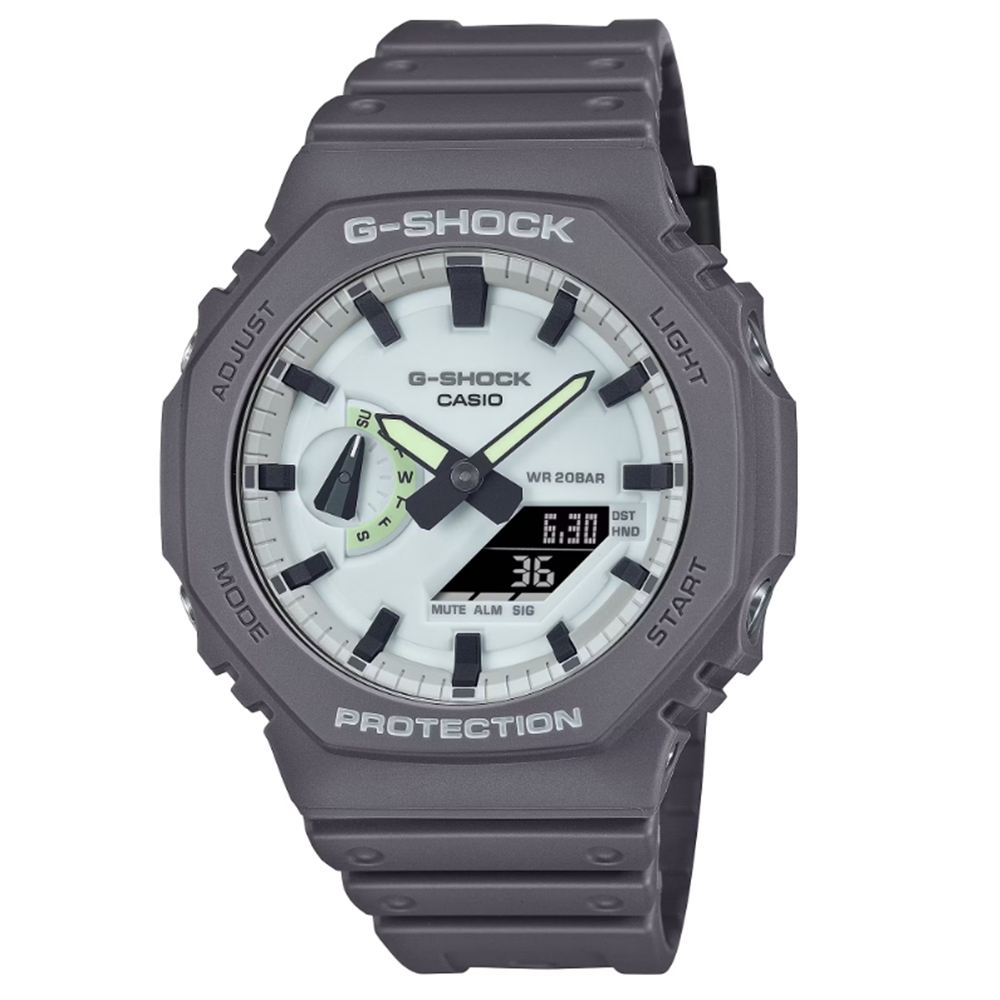 【CASIO 卡西歐】G-SHOCK 黑暗空間 散發光芒 酷炫設計雙顯錶款 灰 GA-2100HD-8A 45.4mm