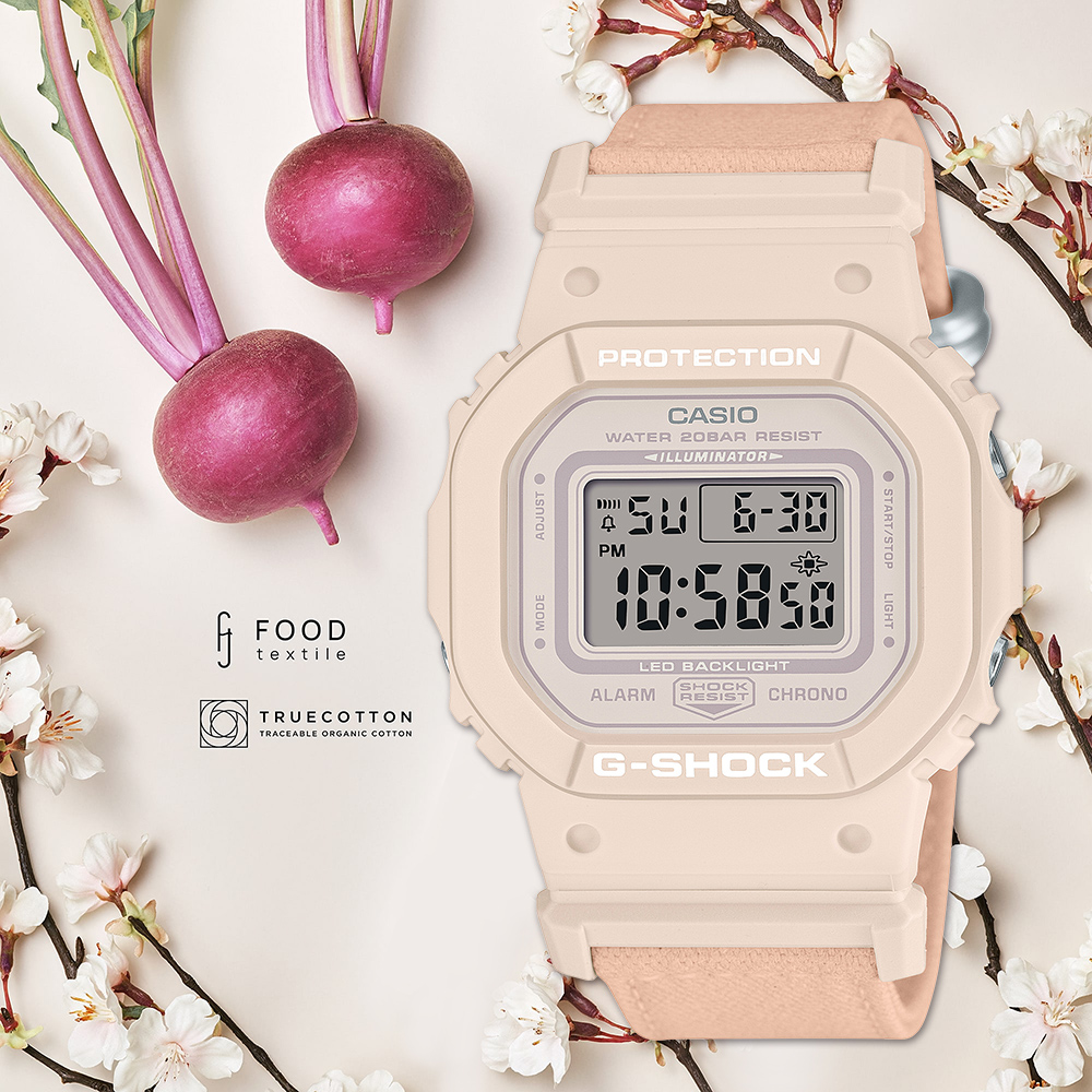 CASIO G-SHOCK 環保布質霧面方形計時錶/粉/GMD-S5600CT-4