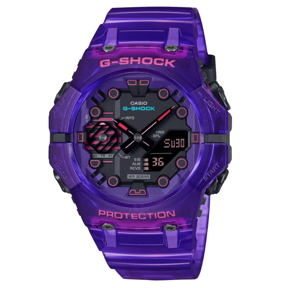 【CASIO 卡西歐】G-SHOCK 藍牙 未來感配色 科幻世界 多功能雙顯錶款 紫 GA-B001CBRS-6A 46mm