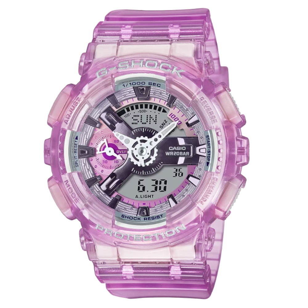 【CASIO 卡西歐】G-SHOCK 未來科幻 虛擬世界雙顯錶款 半透明紫 GMA-S110VW-4A 45.9mm