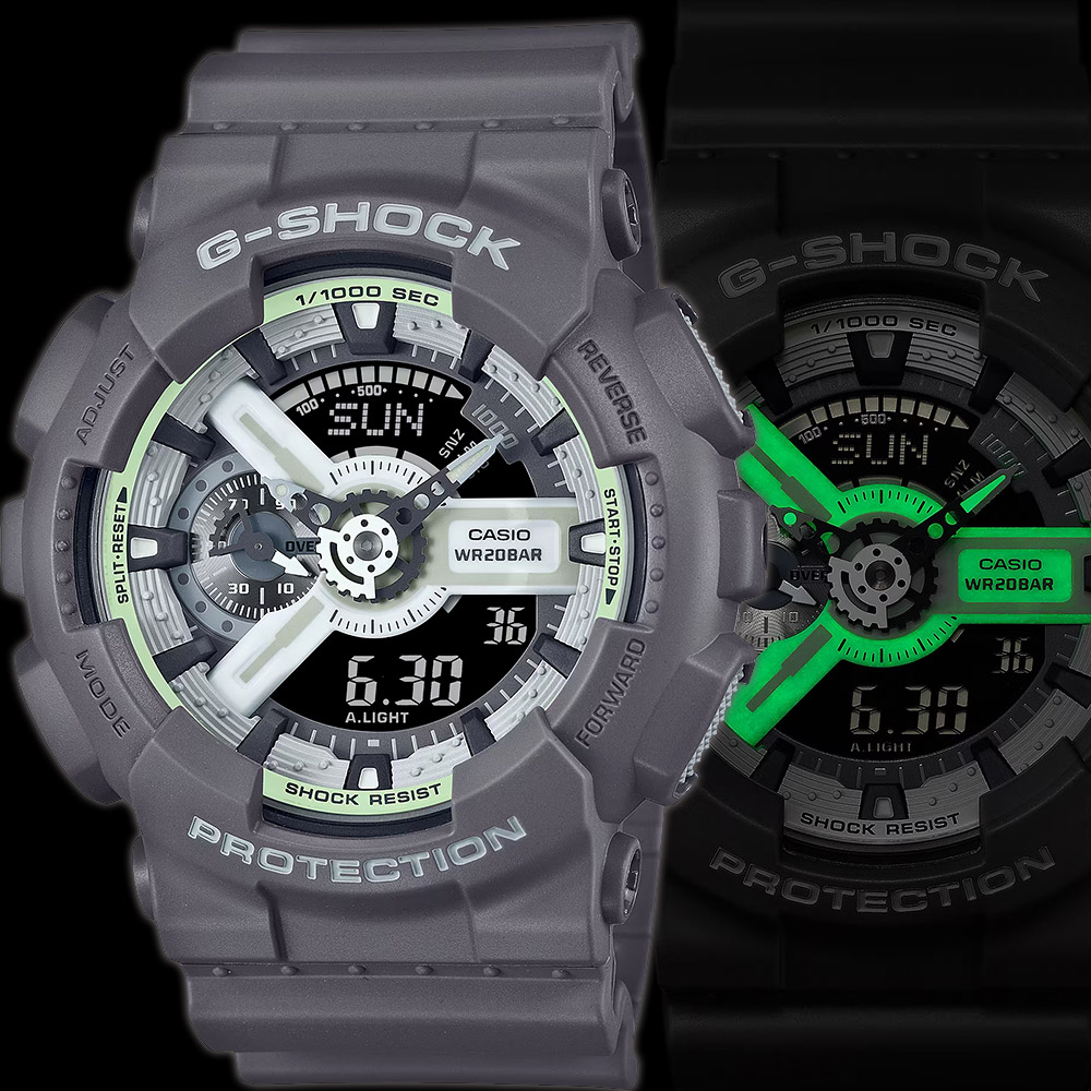 CASIO 卡西歐 G-SHOCK 綠光系列雙顯運動手錶(GA-110HD-8A)