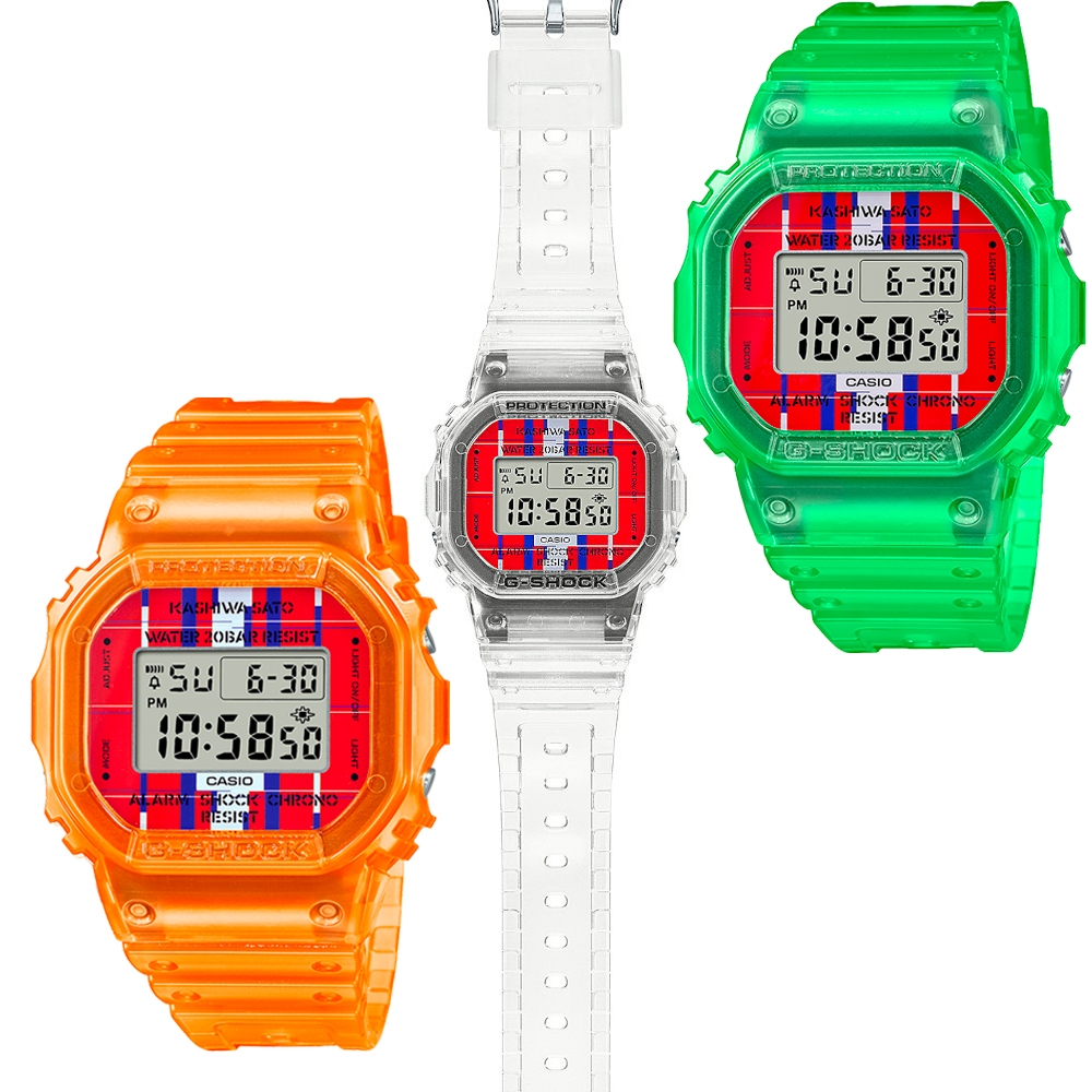 【CASIO 卡西歐】G-SHOCK 佐藤可士和聯名錶替換錶帶禮盒組-橘白綠x透明錶帶_DWE-5600KS-7_48.9mm
