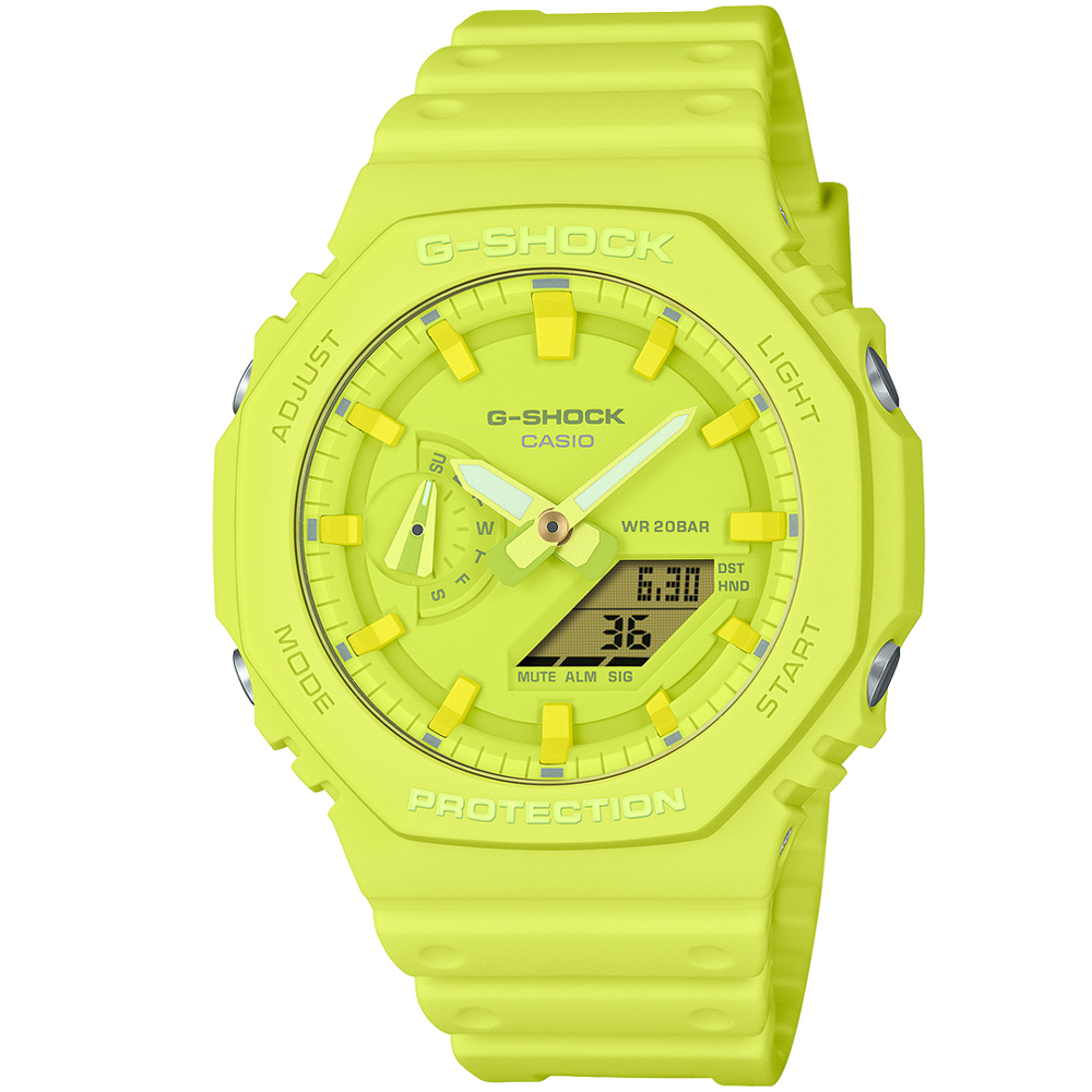 【CASIO 卡西歐】G-SHOCK 單色美學八角錶殼耐衝擊運動雙顯腕錶/霓光黃(GA-2100-9A9)