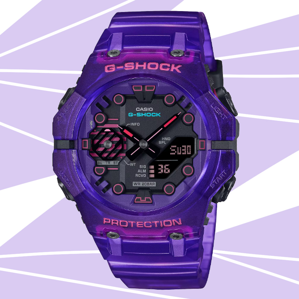 CASIO 卡西歐 G-SHOCK 網路空間 科幻宇宙 藍芽連結半透明雙顯錶-紫 GA-B001CBRS-6A