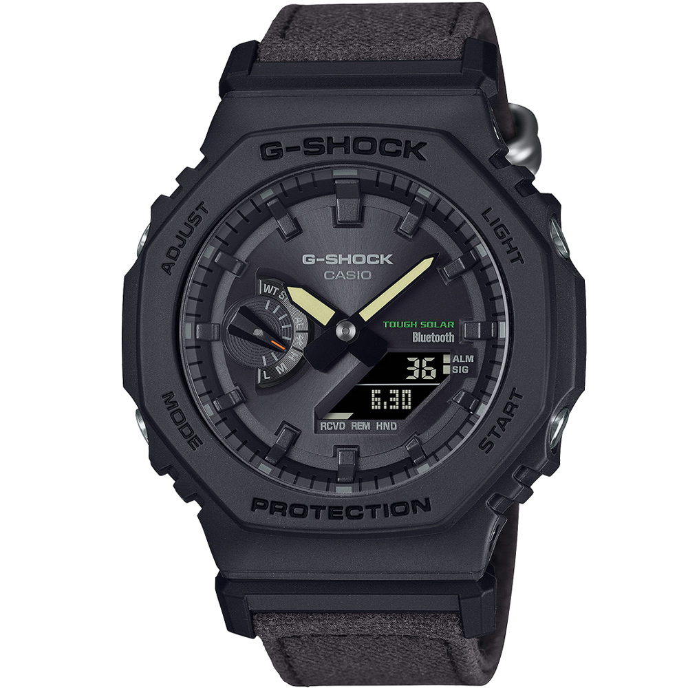 【CASIO 卡西歐】G-SHOCK 八角錶殼耐衝擊運動太陽能藍牙雙顯布質腕錶/深棕x黑框(GA-B2100CT-1A5)