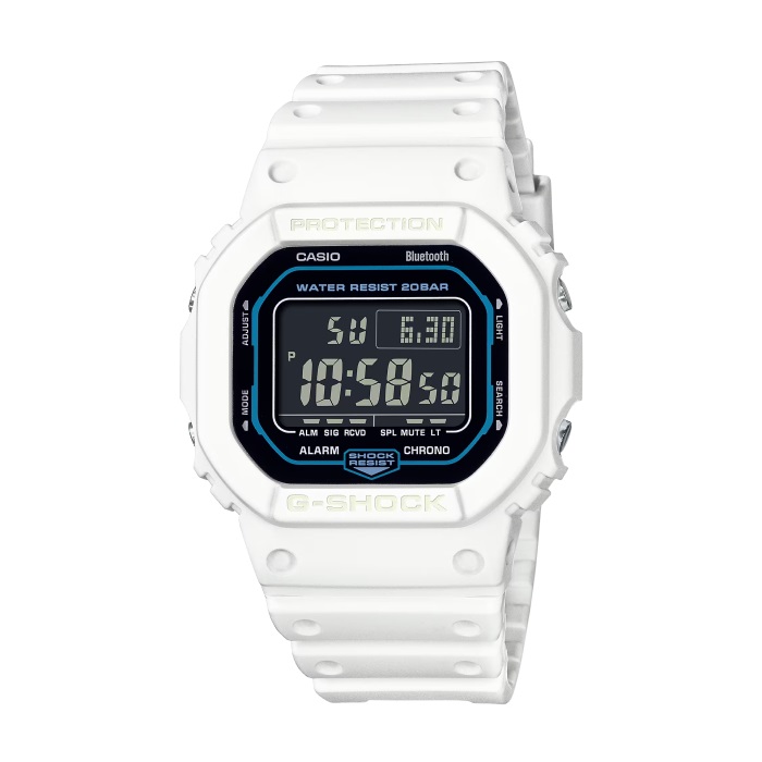 【CASIO G-SHOCK】未來科技感方形藍牙雙顯休閒運動腕錶-經典白/DW-B5600SF-7