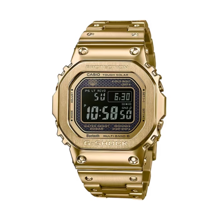 【CASIO G-SHOCK】金屬感太陽能方形電子腕錶-奢華金