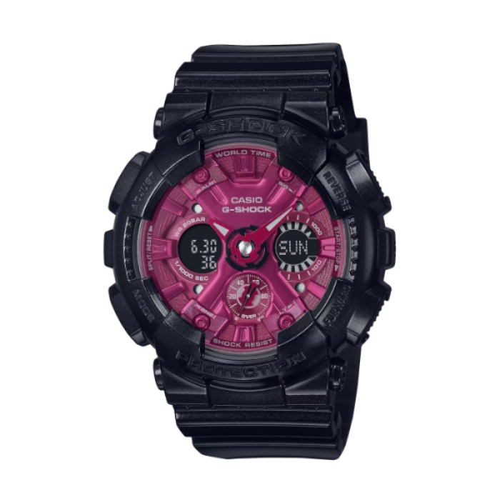 【CASIO G-SHOCK】古典光澤金屬質感雙顯時尚腕錶-酒紅色/GMA-S120RB-1A