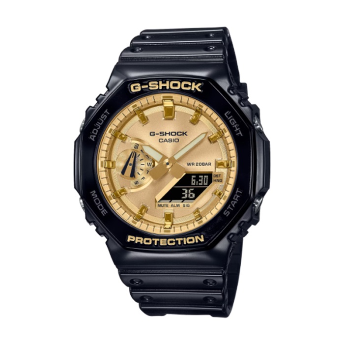 【CASIO G-SHOCK】冷豔金屬感八角雙顯腕錶-礦物金/GA-2100GB-1A