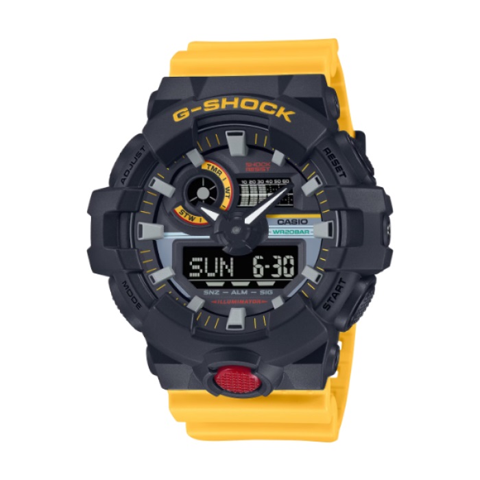 【CASIO G-SHOCK】復古錄音帶風格雙顯運動時尚腕錶-黃黑款/GA-700MT-1A9