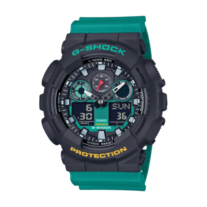 【CASIO G-SHOCK】復古錄音帶風格雙顯運動時尚腕錶-黑綠款/GA-100MT-1A3
