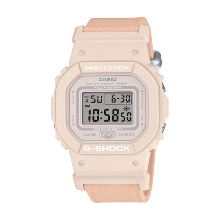 【CASIO G-SHOCK】親巧柔和色調布質方形電子腕錶-粉膚色/GMD-S5600CT-4