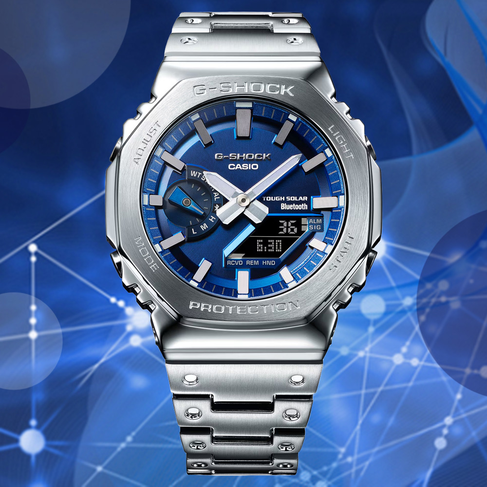 CASIO 卡西歐 G-SHOCK 鮮豔藍 太陽能智慧藍芽 全金屬八角形雙顯錶 GM-B2100AD-2A