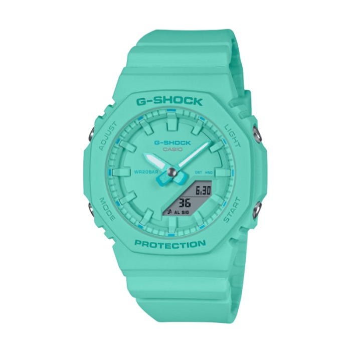 【CASIO G-SHOCK】纖薄輕巧經典八角雙顯腕錶-湖水綠/GMA-P2100-2A