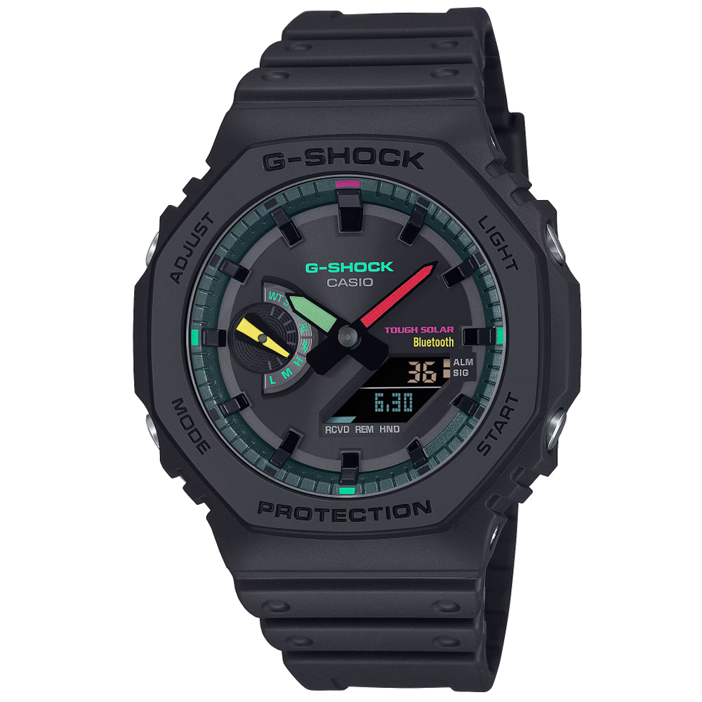 CASIO卡西歐 G-SHOCK 農家橡樹 太陽能x藍牙連線 時尚螢光色彩 雙顯腕錶 GA-B2100MF-1A