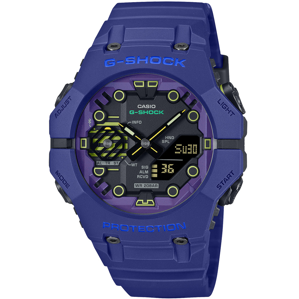 【CASIO 卡西歐】G-SHOCK 科技迷霧藍牙連線耐衝擊雙顯腕錶/藍x黃刻度(GA-B001CBR-2A)