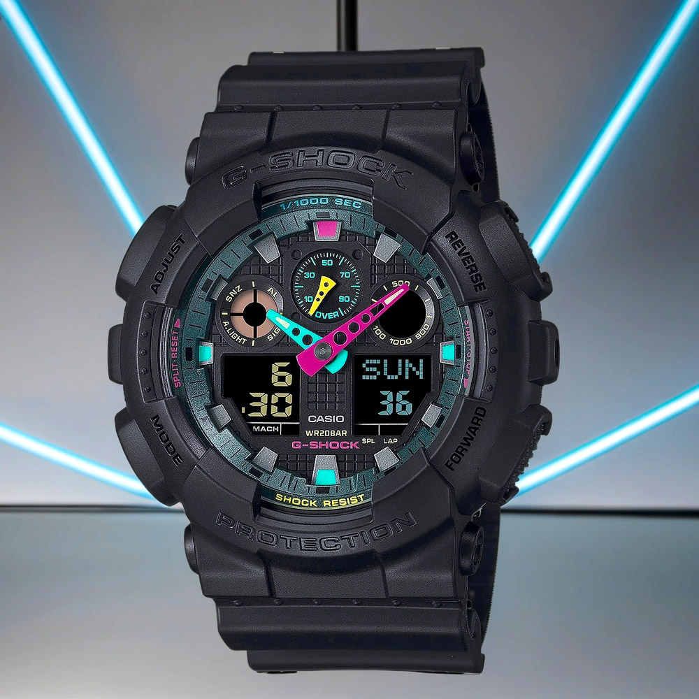 CASIO 卡西歐 G-SHOCK 虛擬世界 霓虹科幻雙顯手錶 GA-100MF-1A