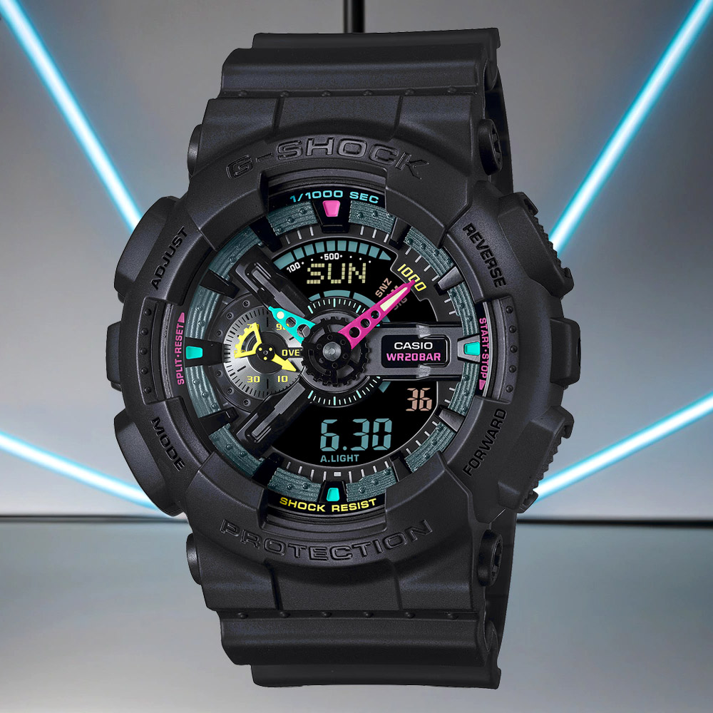 CASIO 卡西歐 G-SHOCK 虛擬世界 霓虹科幻雙顯手錶 GA-110MF-1A