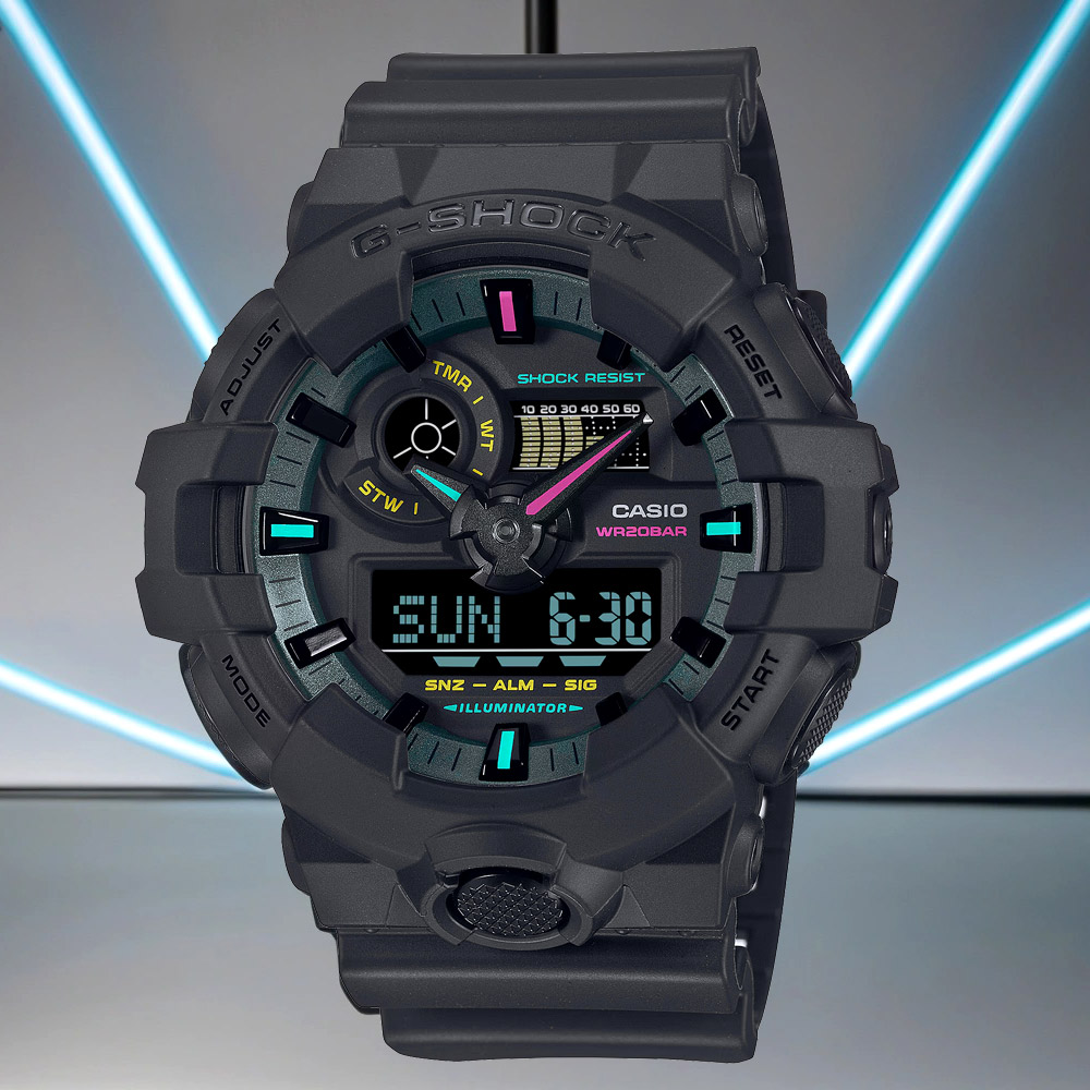 CASIO 卡西歐 G-SHOCK 虛擬世界 霓虹科幻雙顯手錶 GA-700MF-1A